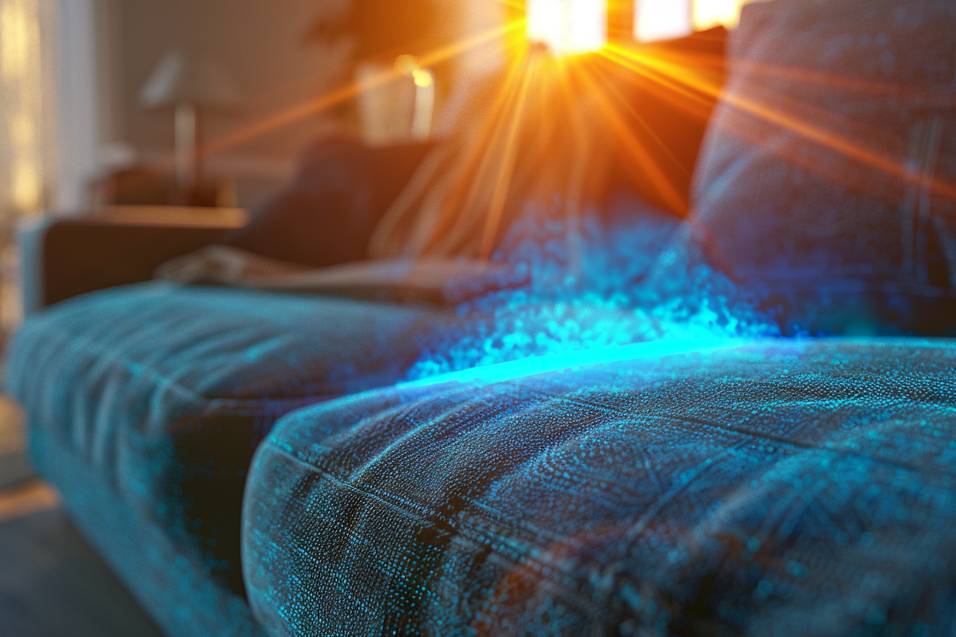 Cleaning Sofa with UV Light in Bright Room