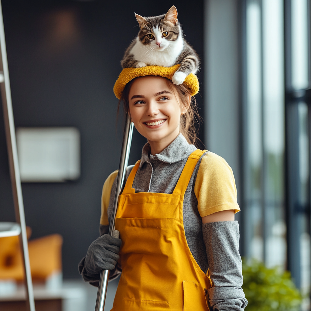 Cleaning Woman with Cat in Modern Building