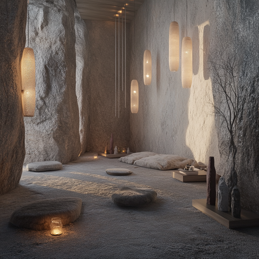 Cleansing space with natural materials, soft lighting, sacred atmosphere.