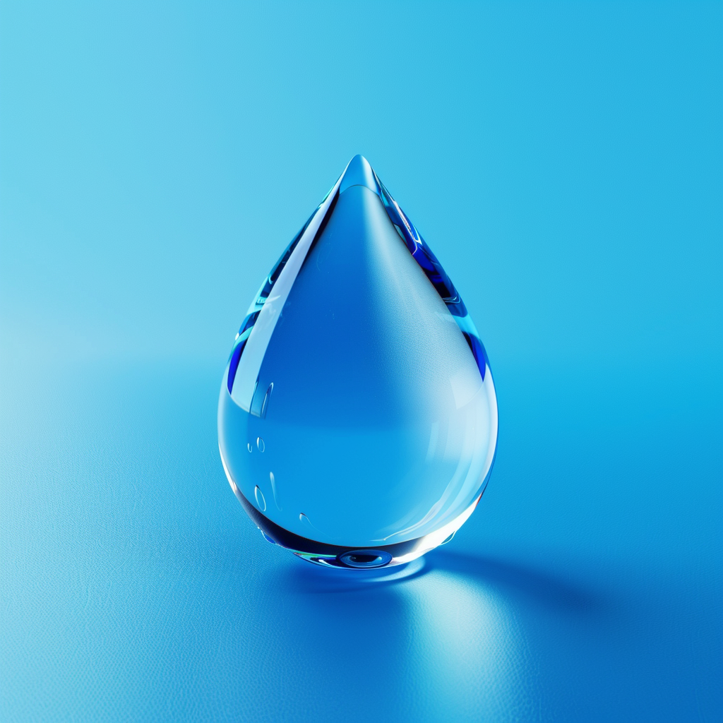 Clear water droplet on blue background with reflections.