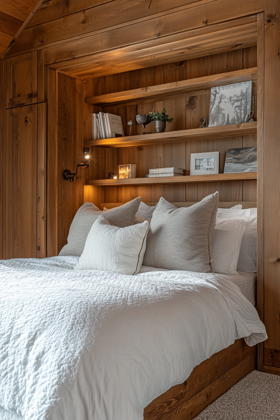 Clever small cabin bedroom with smart space-saving design