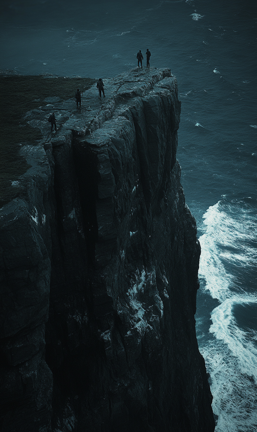 Climbers on Dark Stormy British Island Cliff