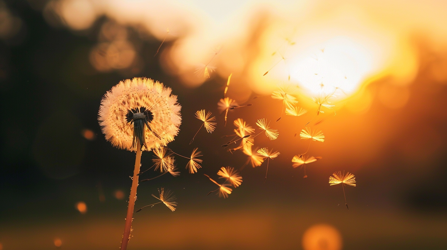 Close-Up Dandelion Seeds Blowing at Golden Hour