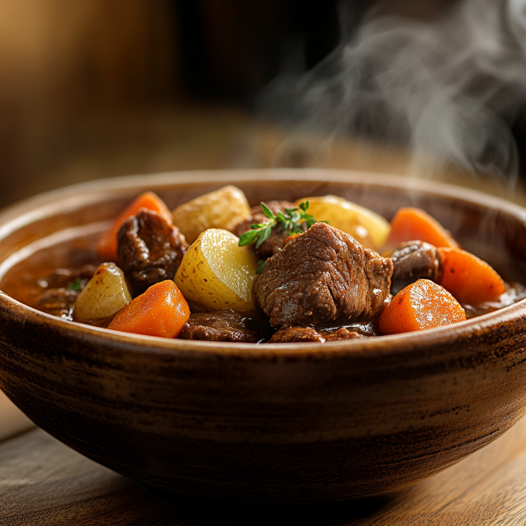 Close-Up Shot: Classic Beef Stew in Rustic Bowl