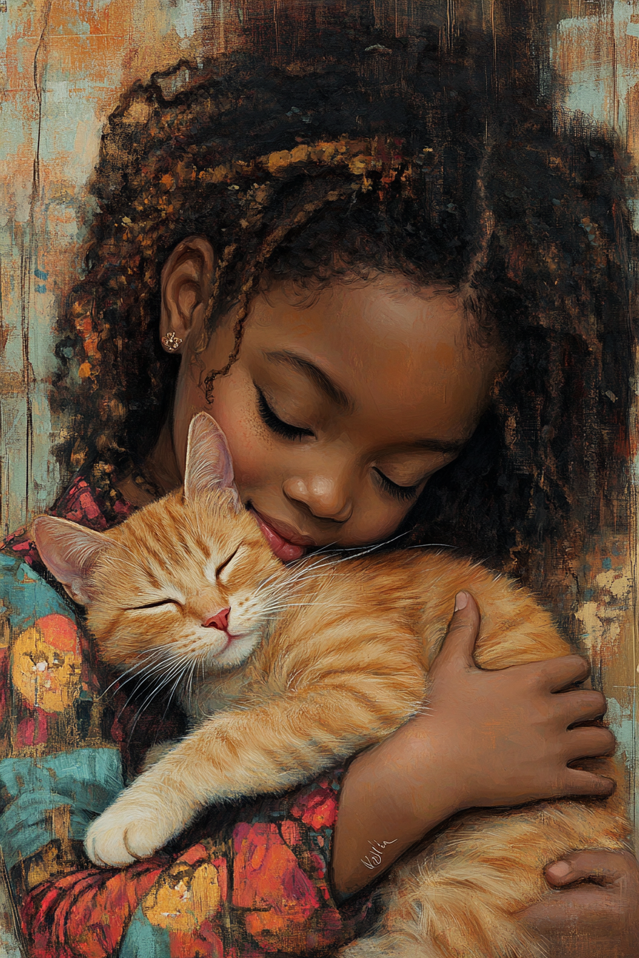 Close bond between girl and kitty cat illustration.