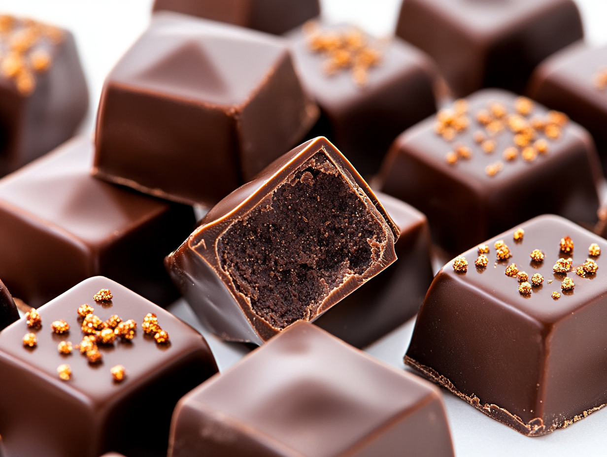 Close-up Chocolate Pralines with Golden Sprinkles