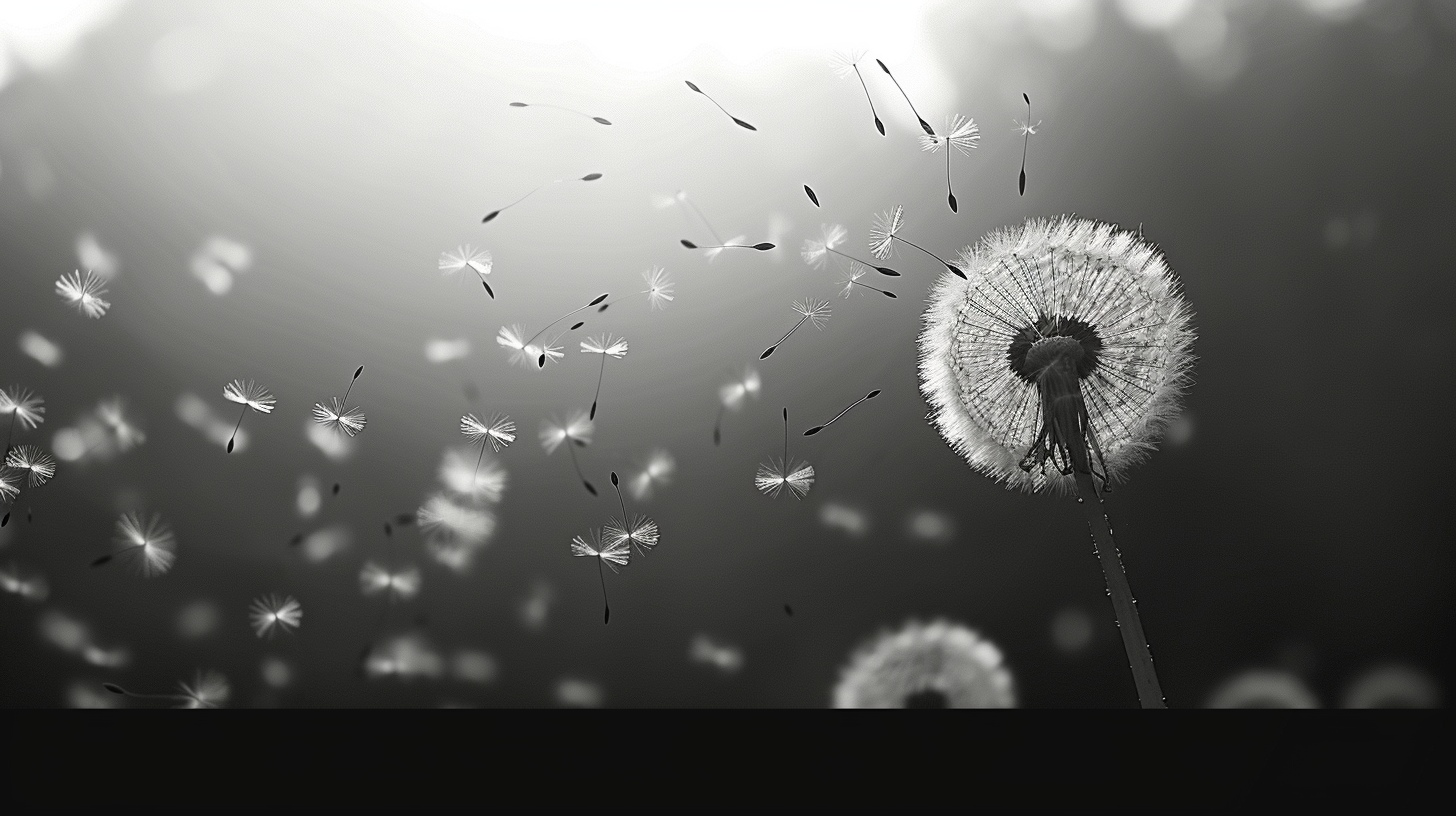 Close-up Dandelion Seeds Blowing in Black and White