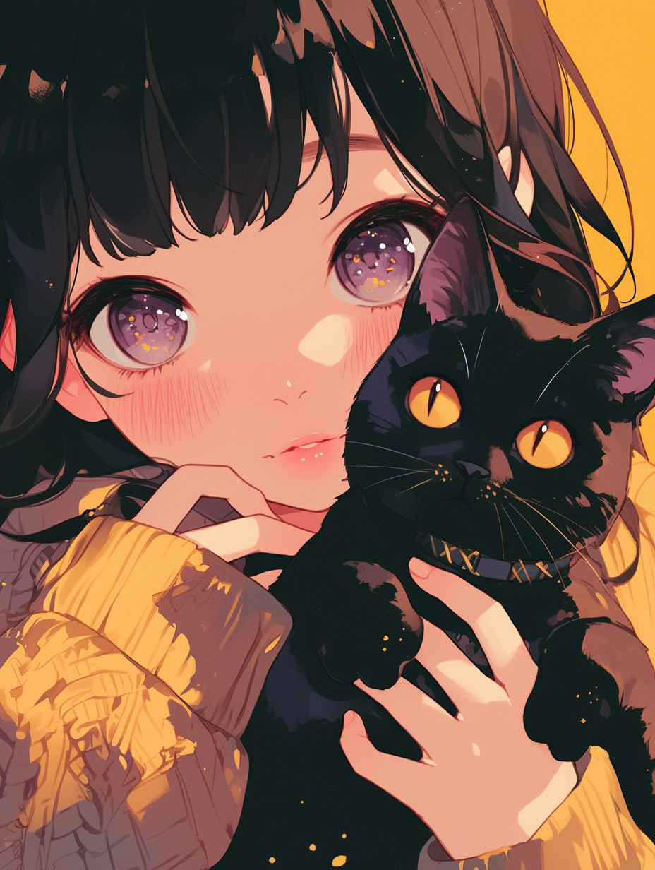 Close-up anime girl with purple eyes holding cat.