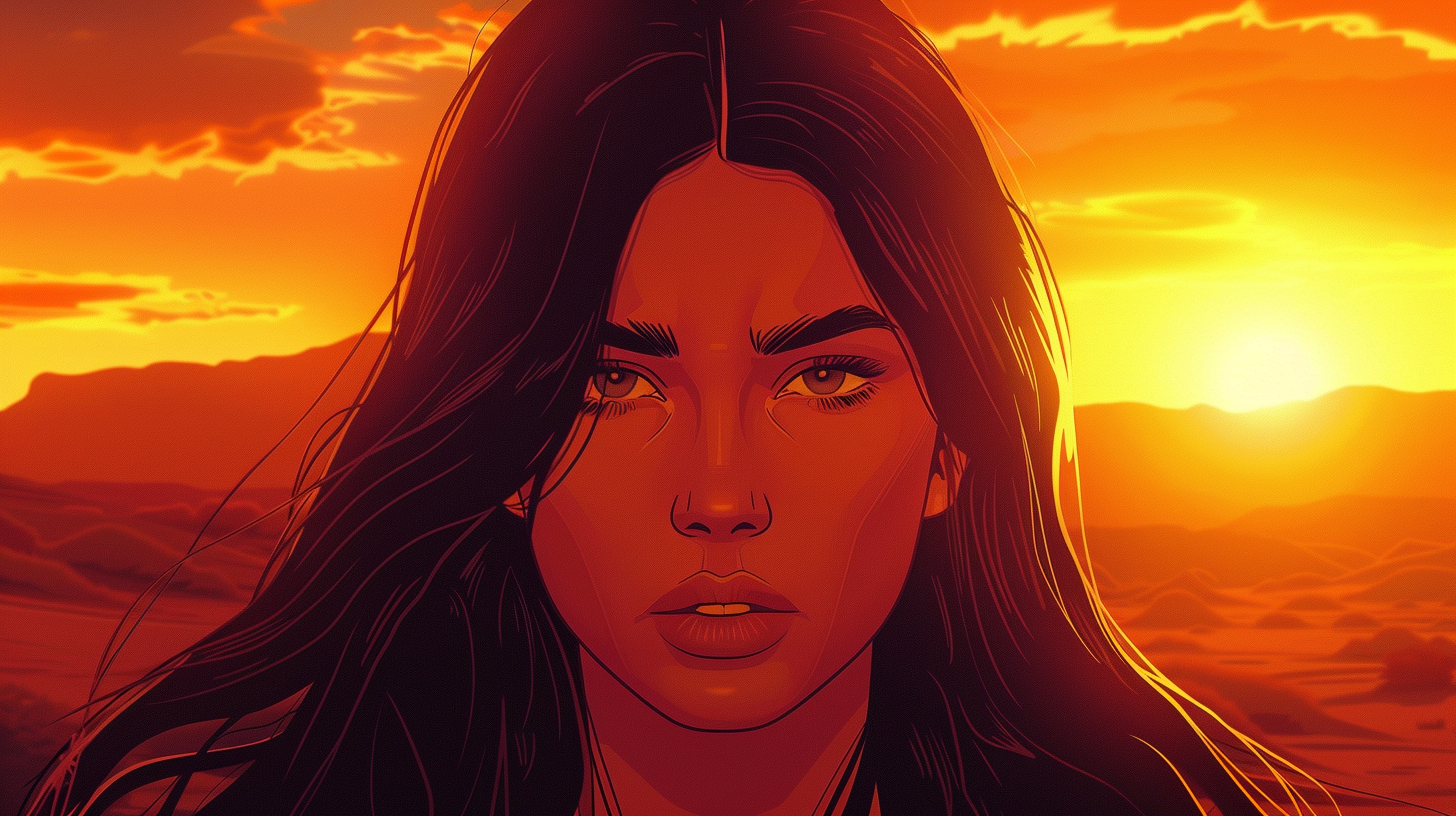 Close-up anime portrait of Kim Kardashian expressing sorrow.