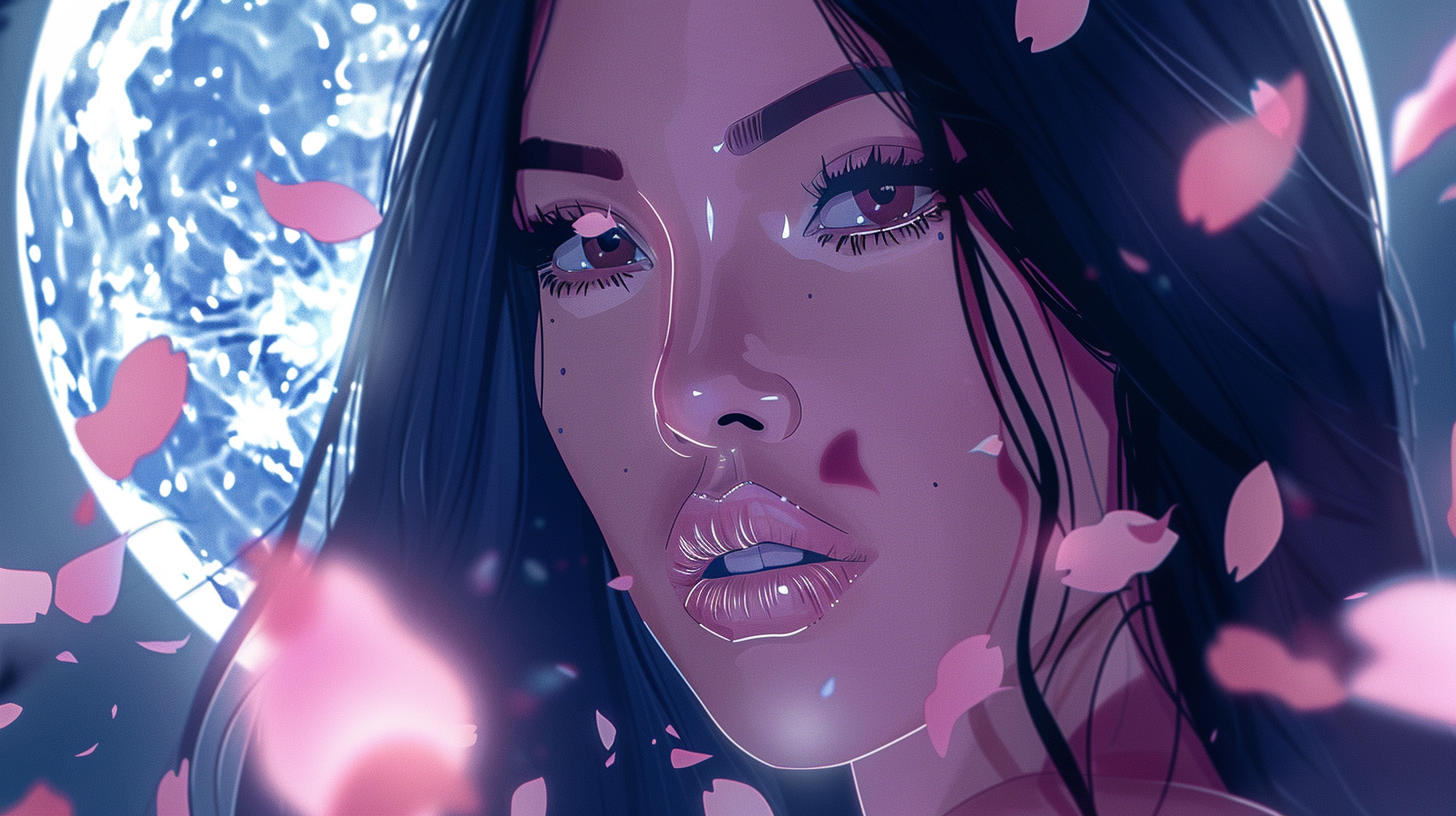 Close-up anime portrait of Kim Kardashian with Ghibli influence.