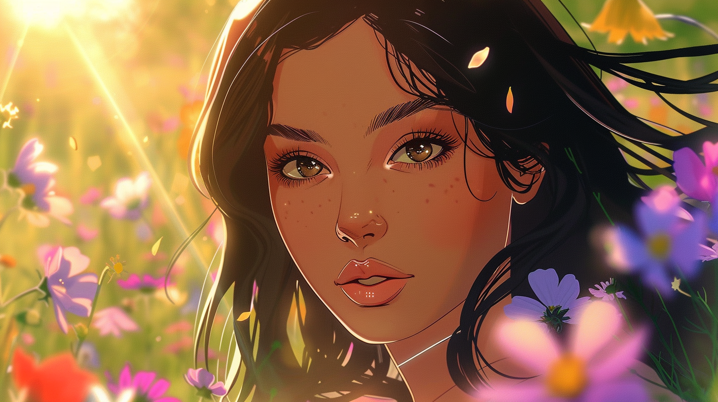 Close-up anime-style portrait of Kim Kardashian with meadow.