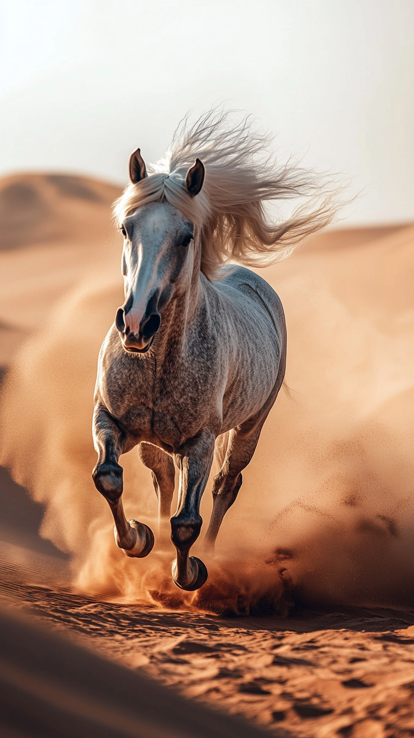 Close-up dark grey horse with white mane running.