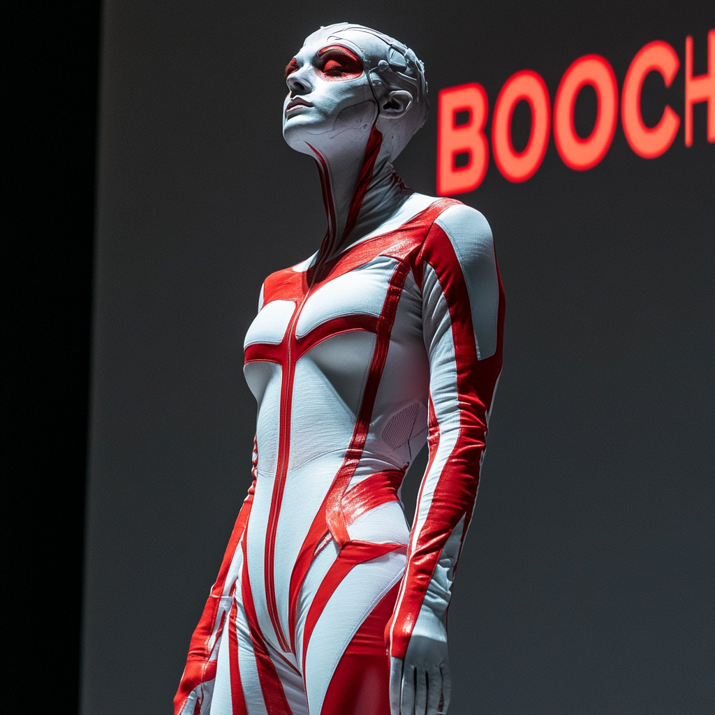 Close-up details of red and white jumpsuit.