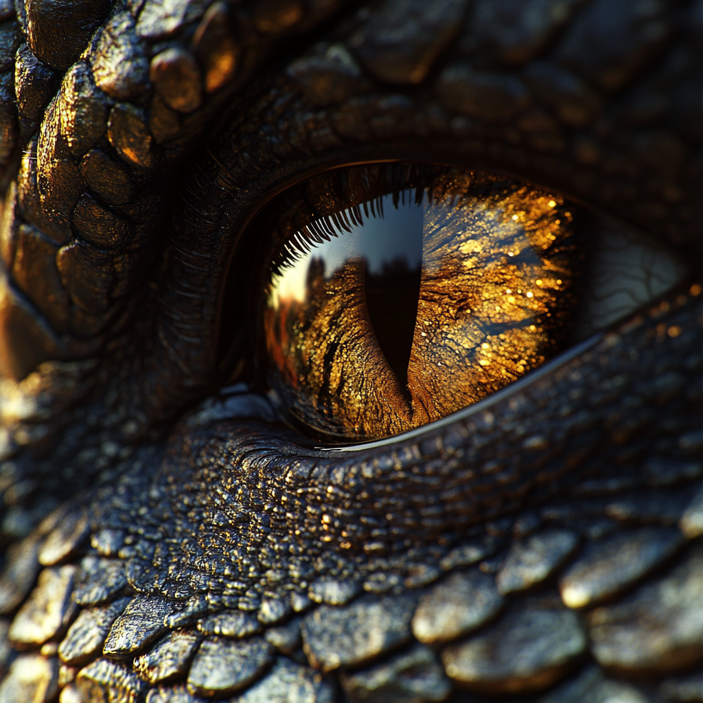 Close-up eye with scales and gold dragon style. Hyper-realistic animal illustration with smooth textures.