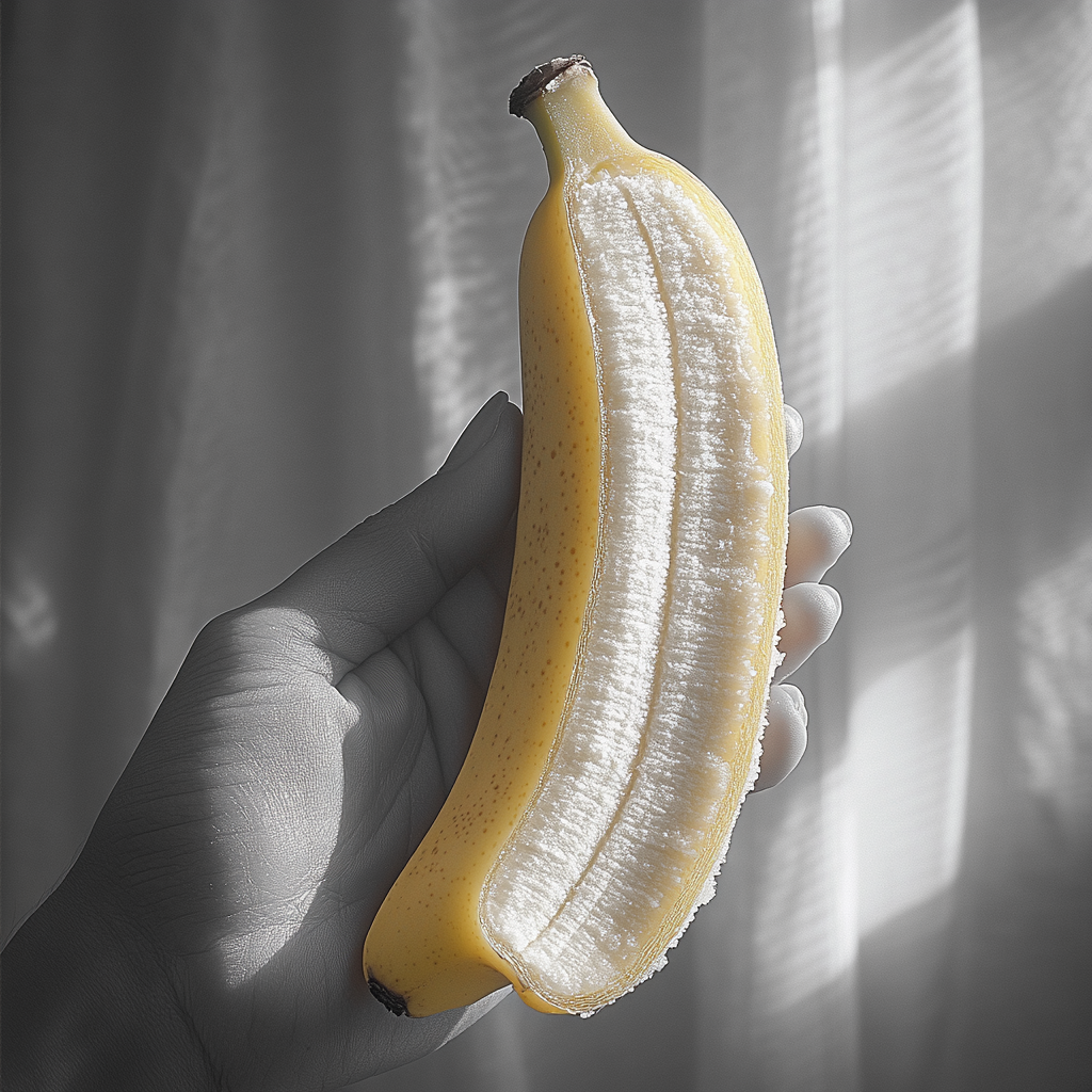 Close-up hand holding half-peeled banana, ready to eat.