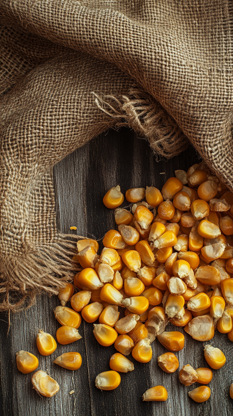 Close-up image of cracked corn kernels for animal feed.