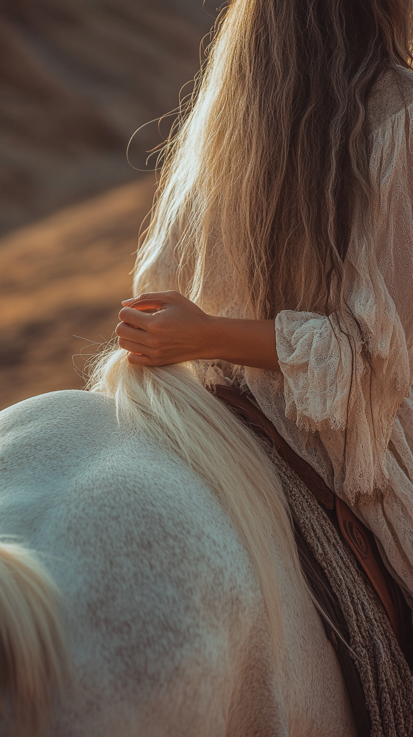 Close-up image of woman holding horse in desert sun.