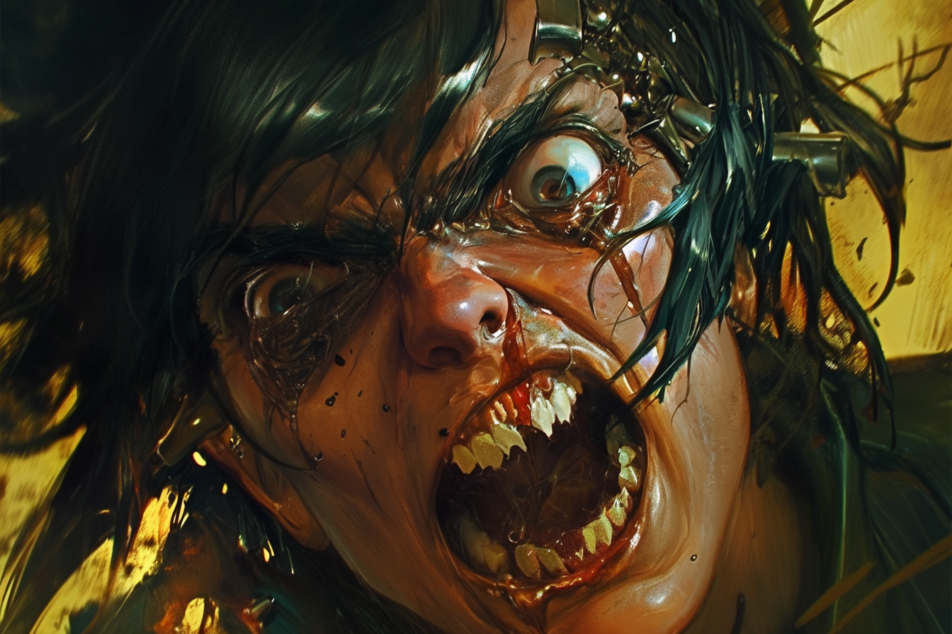 Close-up man with cybernetic face in realistic horror art