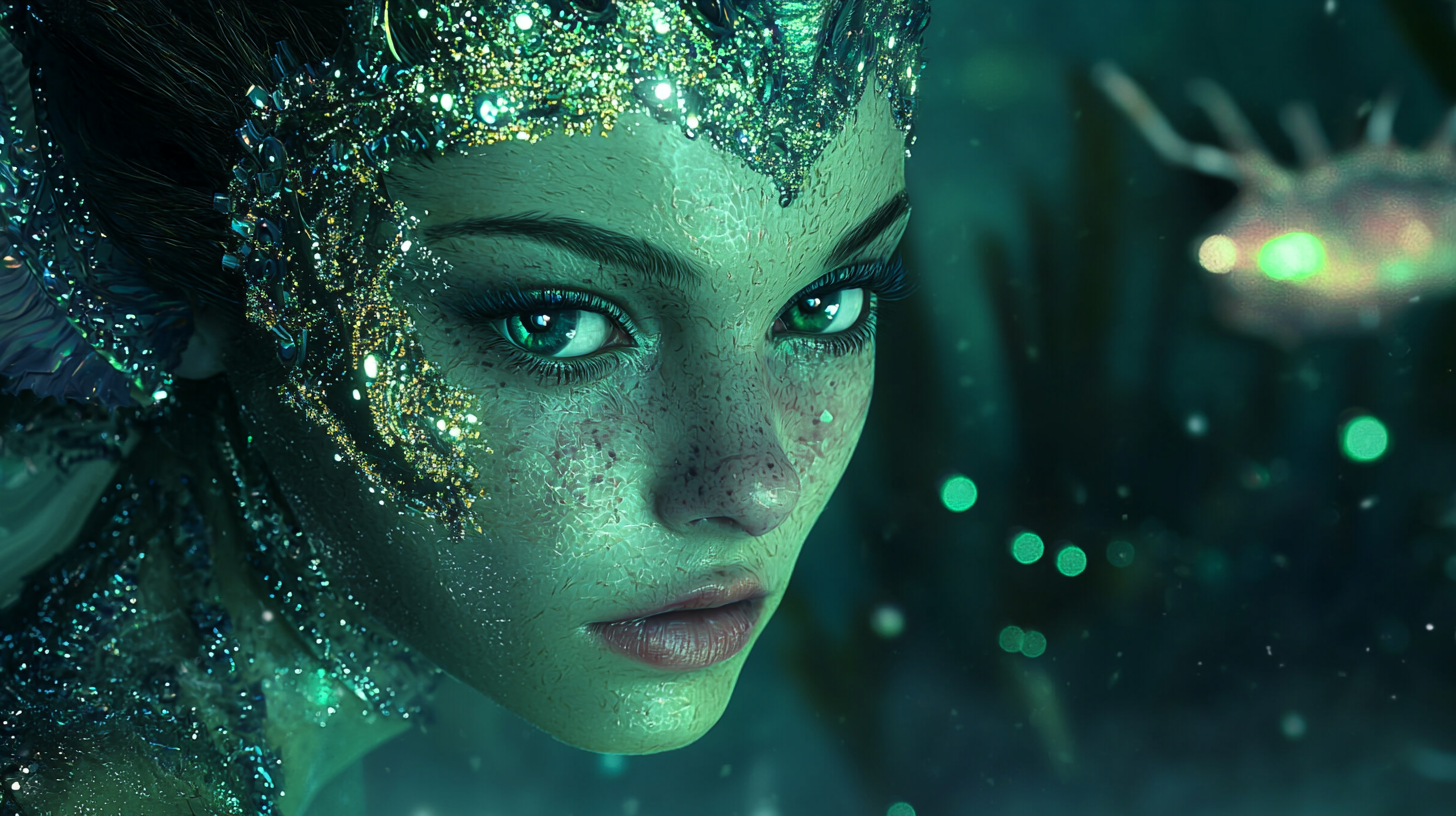 Close up of Alien Mermaid in underwater city.