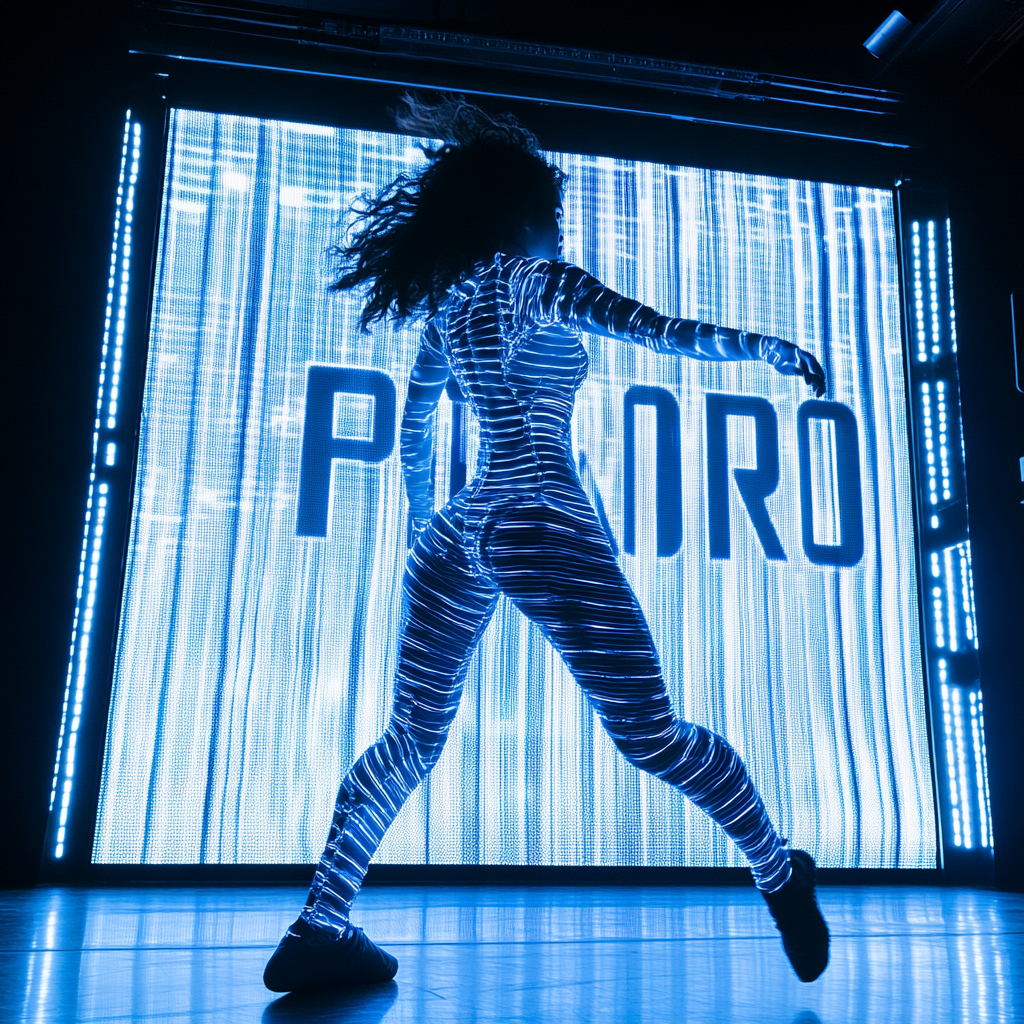 Close-up of Dancer's Blue and White Jumpsuit.