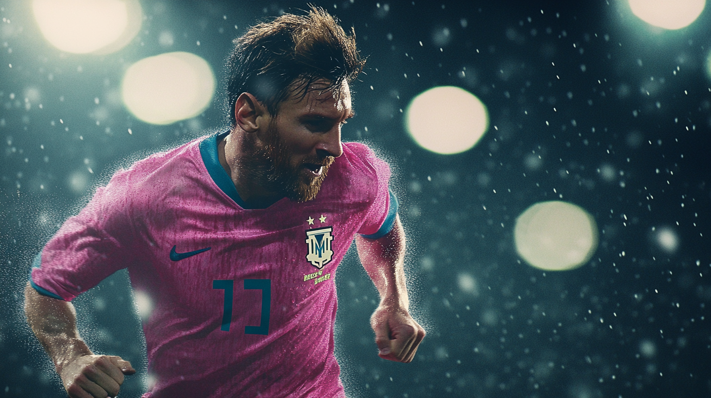 Close-up of Messi running in pink uniform