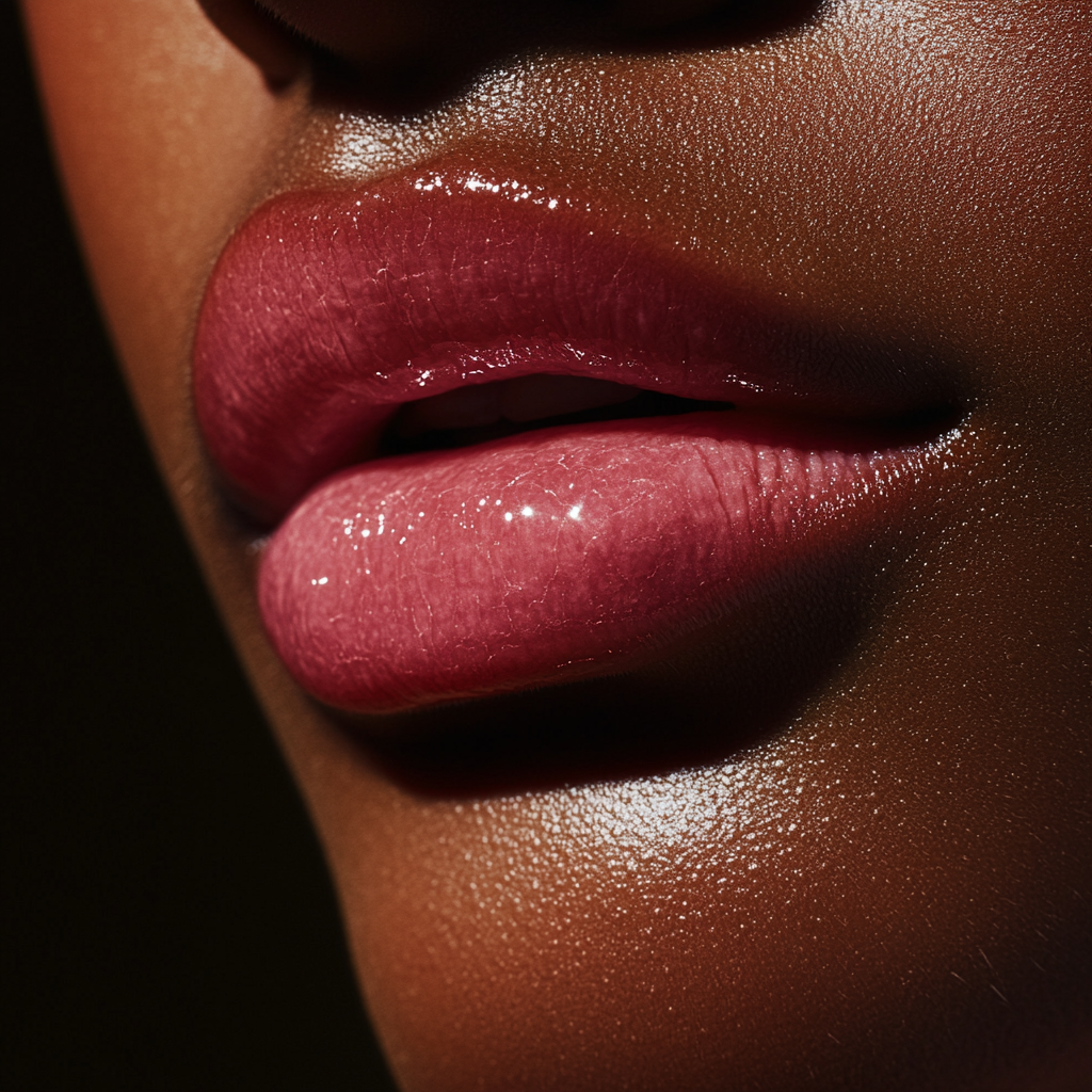 Close-up of Southeast Asian woman's glossy pink lips.