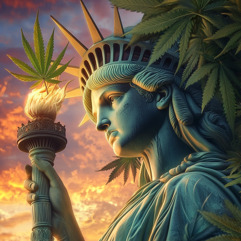 Close-up of Statue of Liberty with cannabis leaves replacing spikes, torch with glowing cannabis leaf. Bright, vibrant sunrise background.