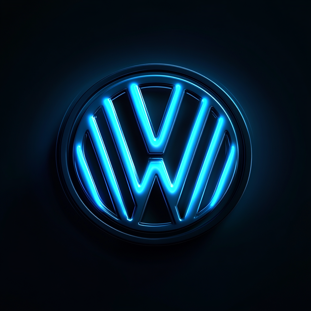 Close up of Volkswagen logo with blue light.