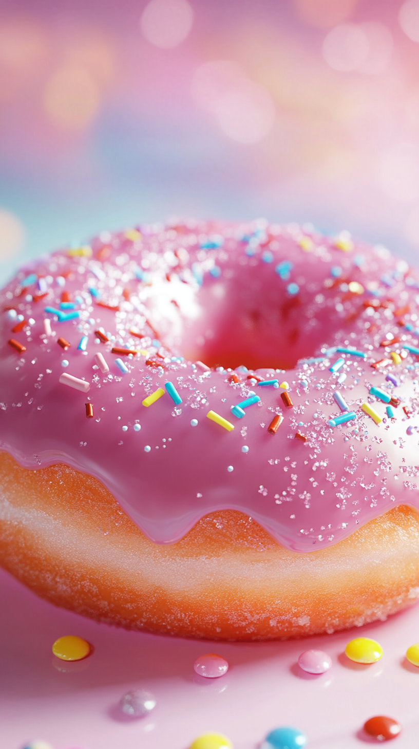 Close-up of a fluffy pink glazed donut with candy sprinkles.