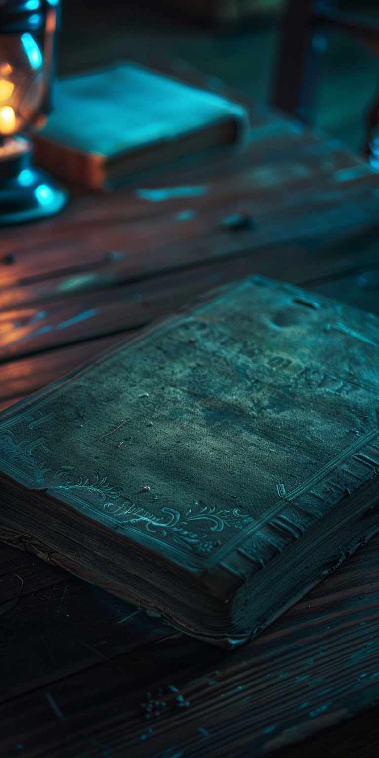 Close-up of antique book on desk with lamp.