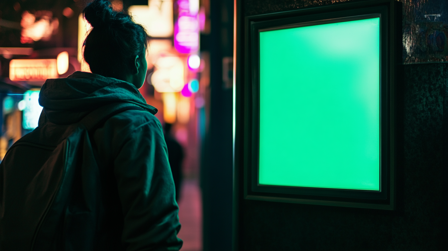 Close-up of blank green poster in vibrant nightclub.