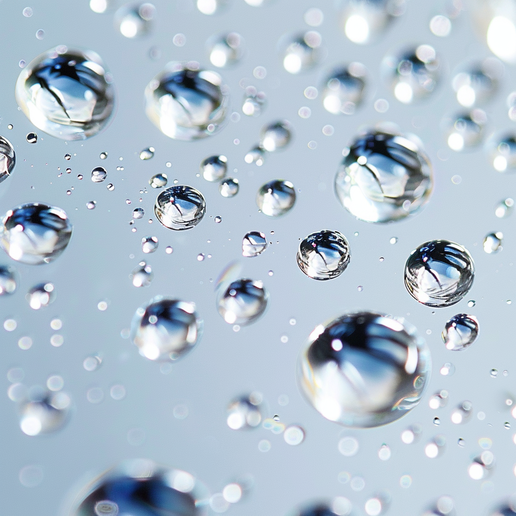 Close-up of detailed water droplets on light blue background.