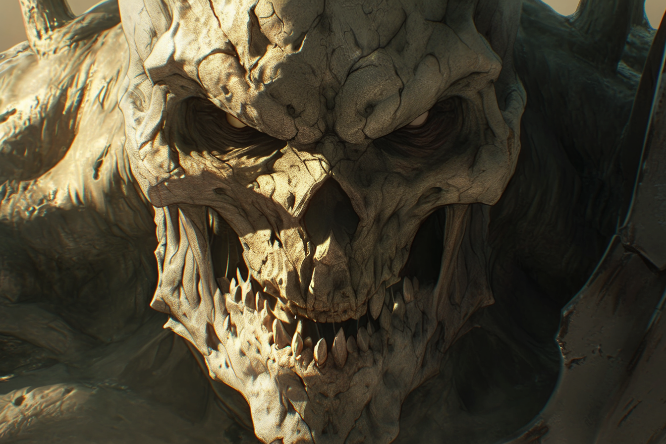 Close-up of evil, giant monster with bone armor.