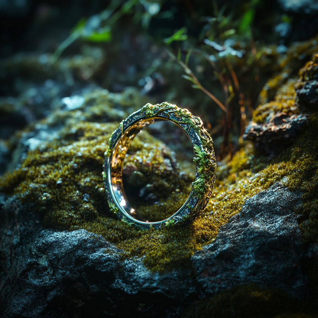 Close up of fantasy ring surrounded by moss and spotlights in studio.