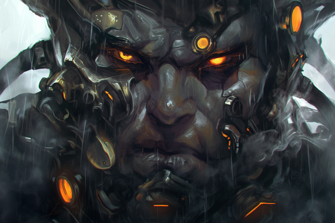 Close up of giant demonic cybernetic man's face.