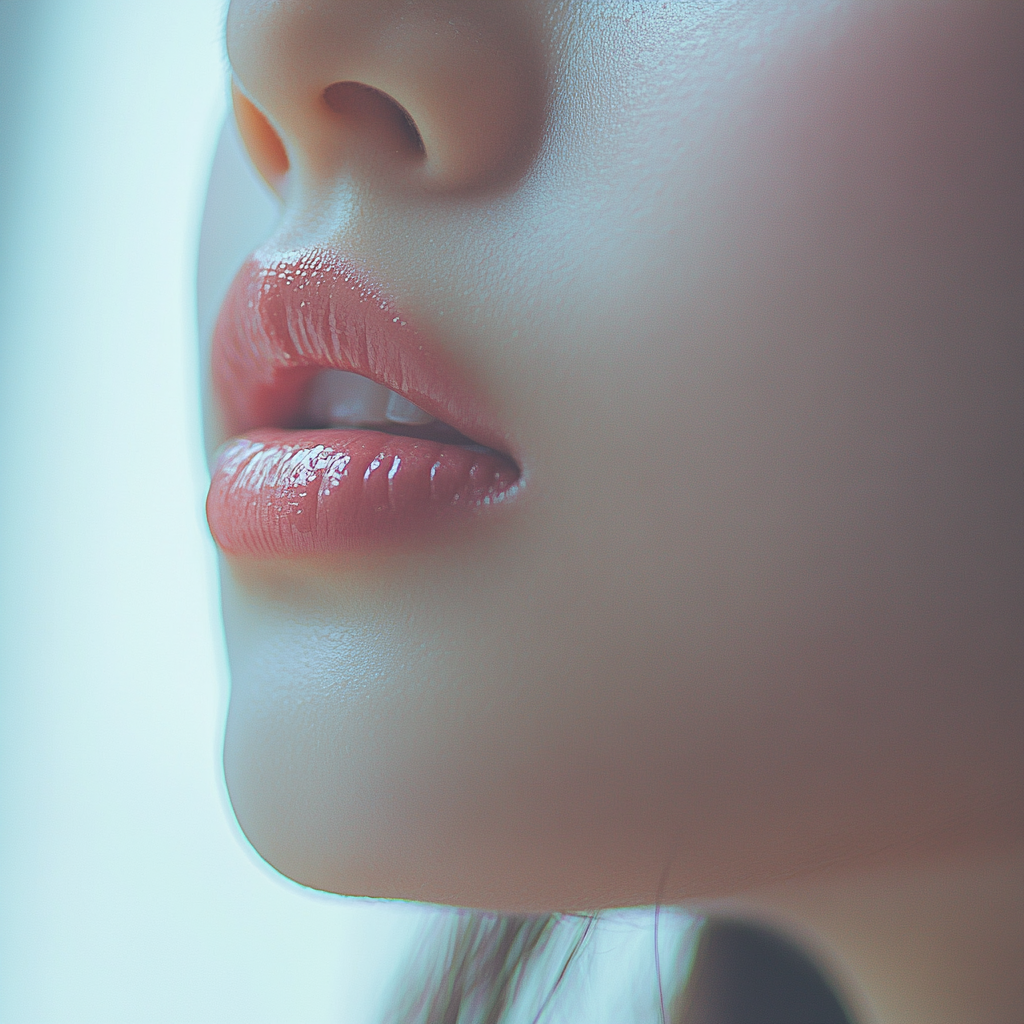 Close-up of glossy pink lips on Asian woman.