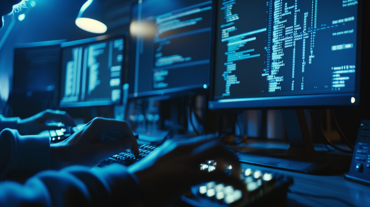 Close-up of hacker typing in dark office. Multiple screens.