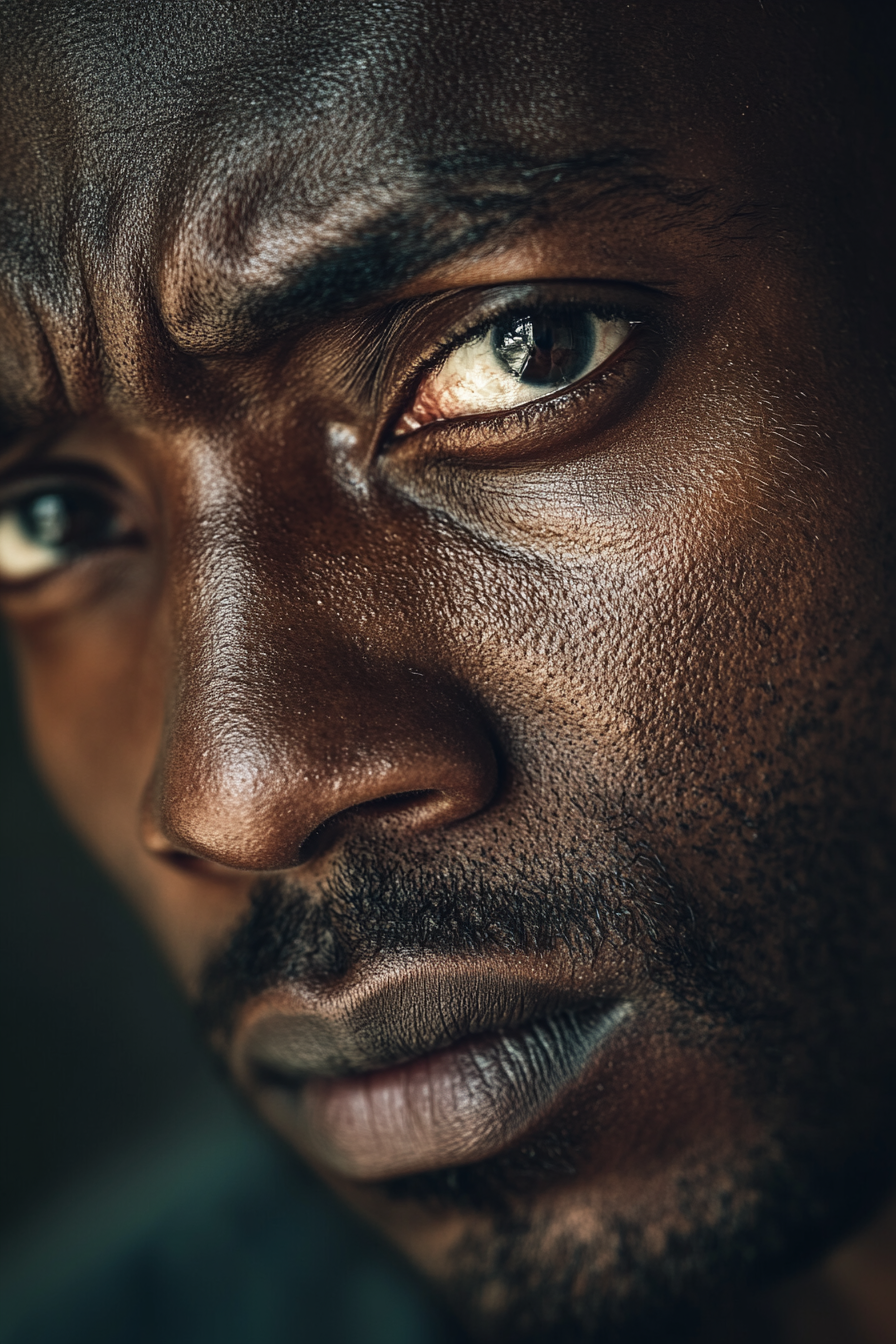 Close-up of man's face showing deep sorrow and doubt.