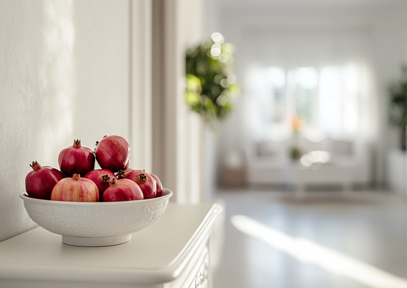 Close-up of narrow white dresser with fruit bowl.