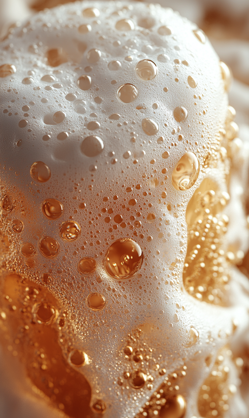 Close-up of pastel beer foam with water droplets.