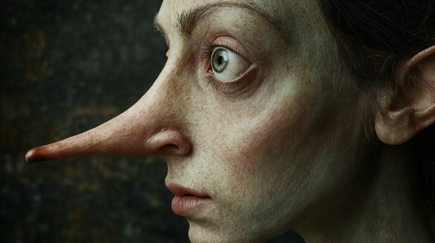 Close-up of person with unnaturally long nose, anxious expression.