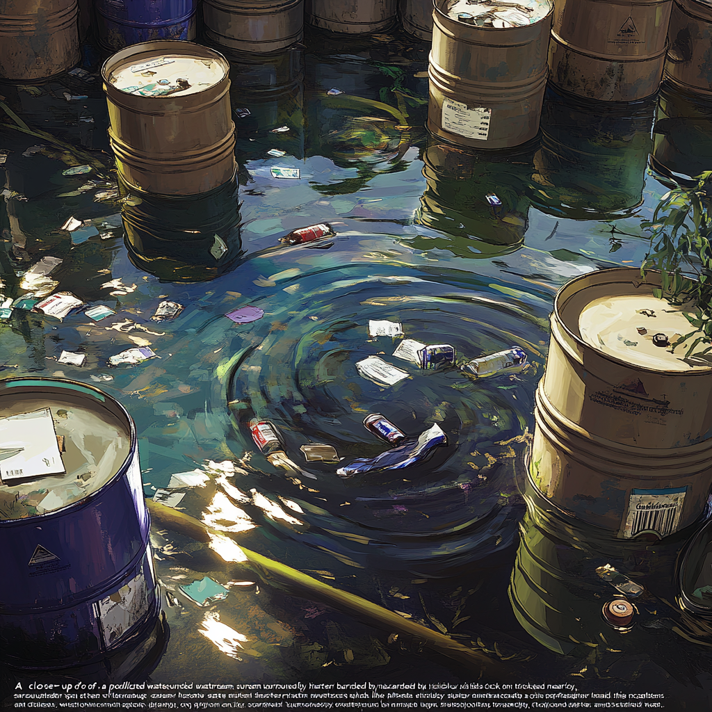 Close-up of polluted water stream with oil slicks.