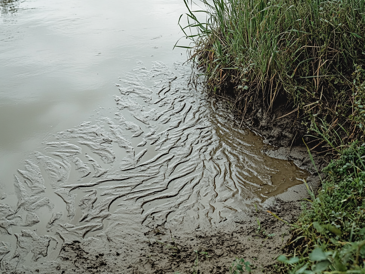 Close-up of river bank with calm water and grass.