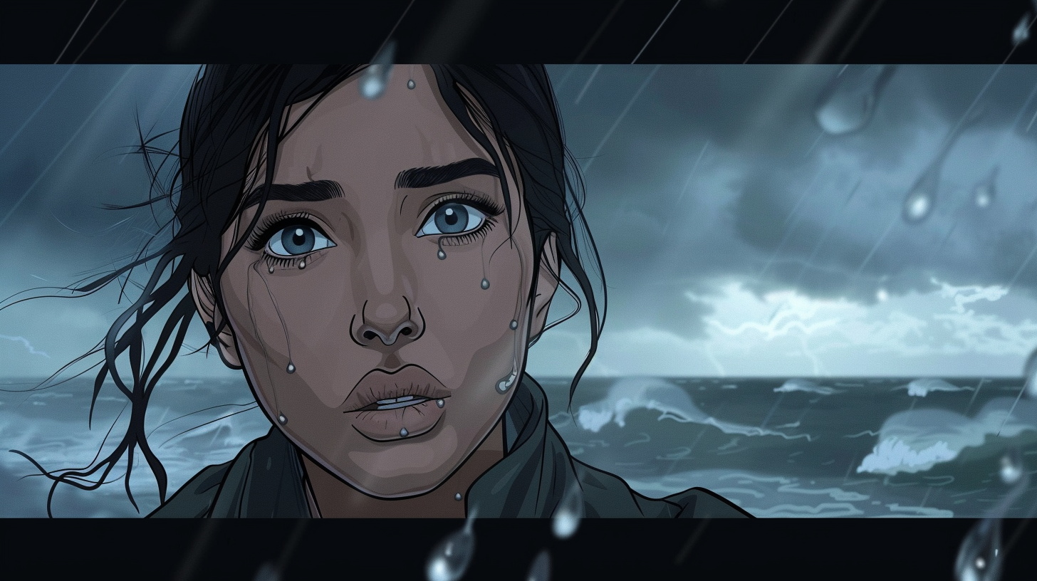 Close-up of sad Kim Kardashian as anime character.