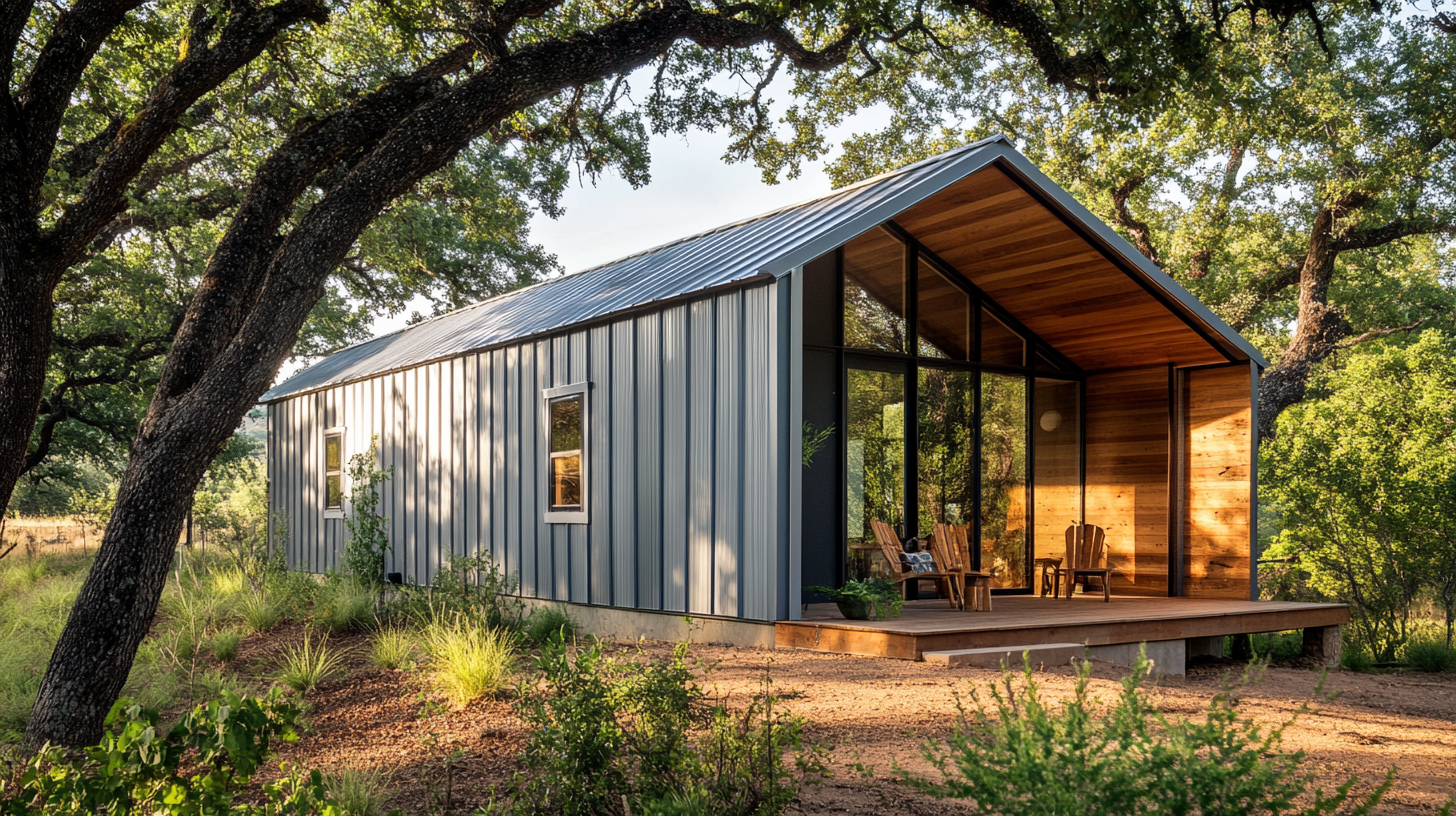 Close-up of small barndominium with metal siding, nature.