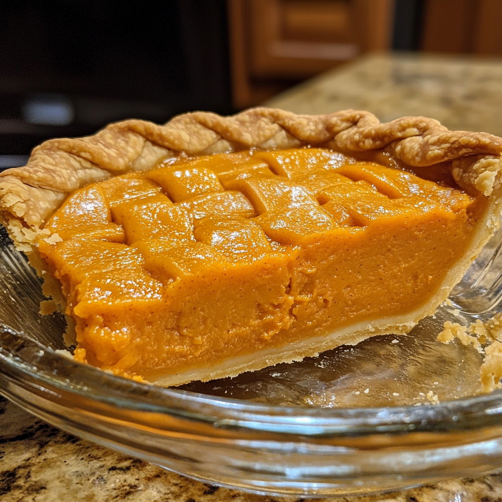 Close-up of sweet potato pie in glass dish.