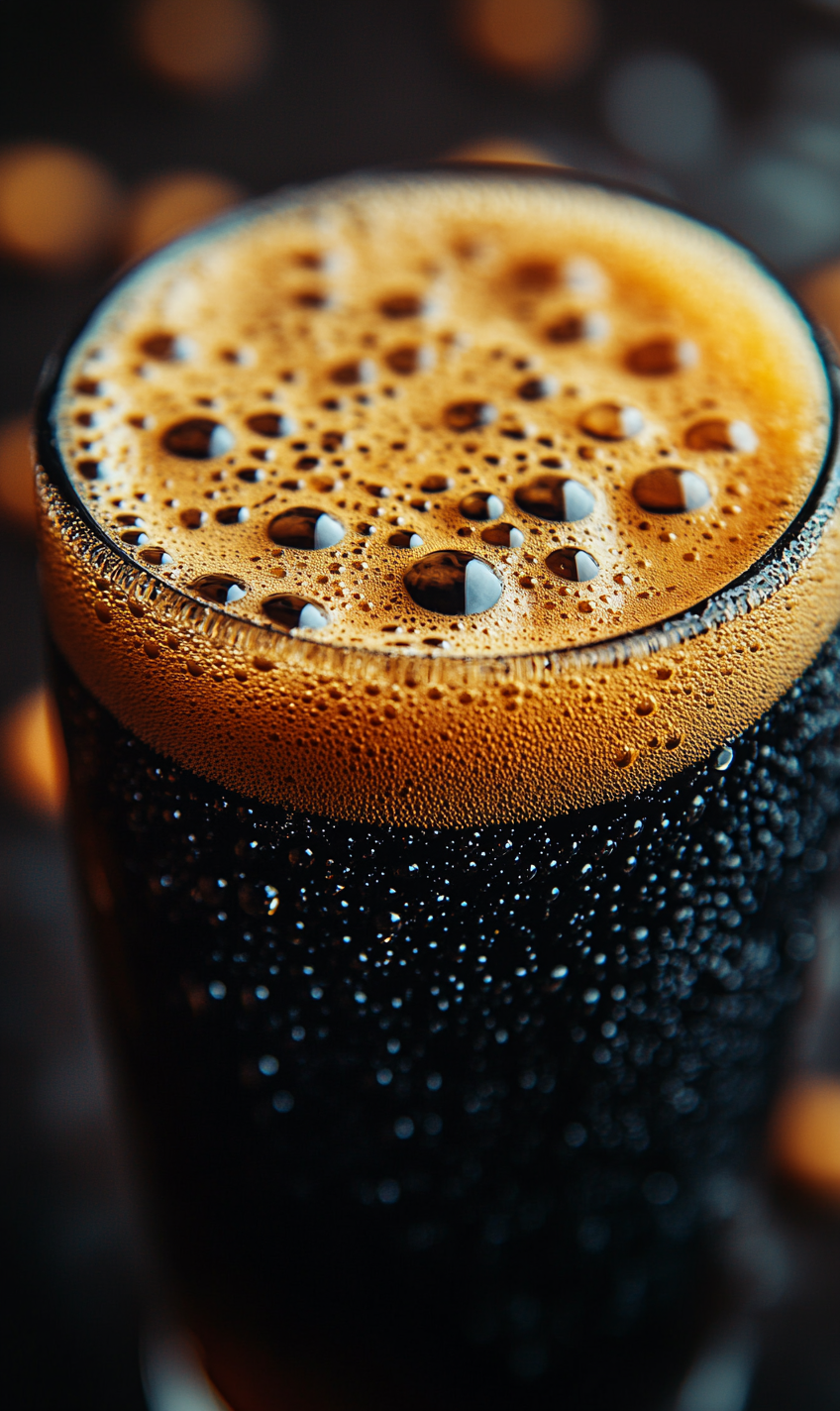 Close-up of thick black beer foam with water droplets.