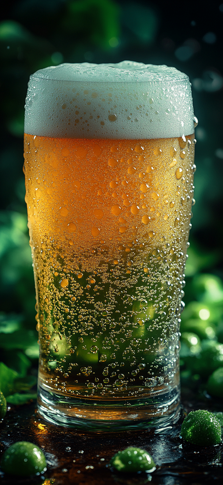 Close-up of thick mint green beer foam in glass.