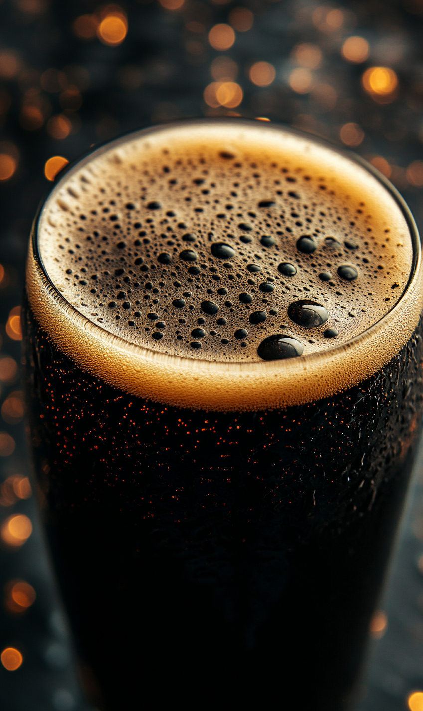 Close-up of thick white foam on black beer glass.