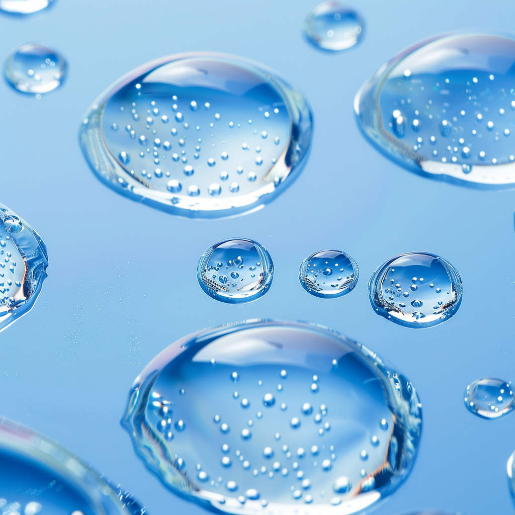 Close-up of transparent water droplets on blue background.